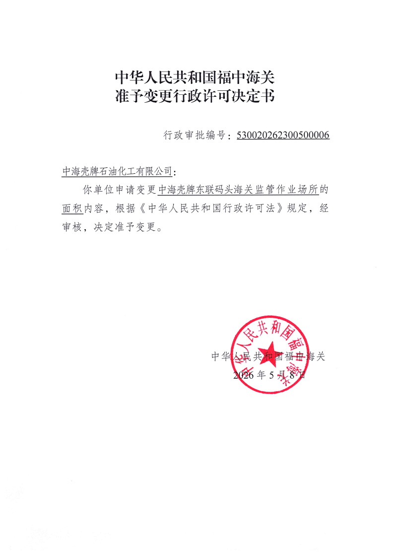 中华人民共和国福中海关准予变更行政许可决定书530020262300500006